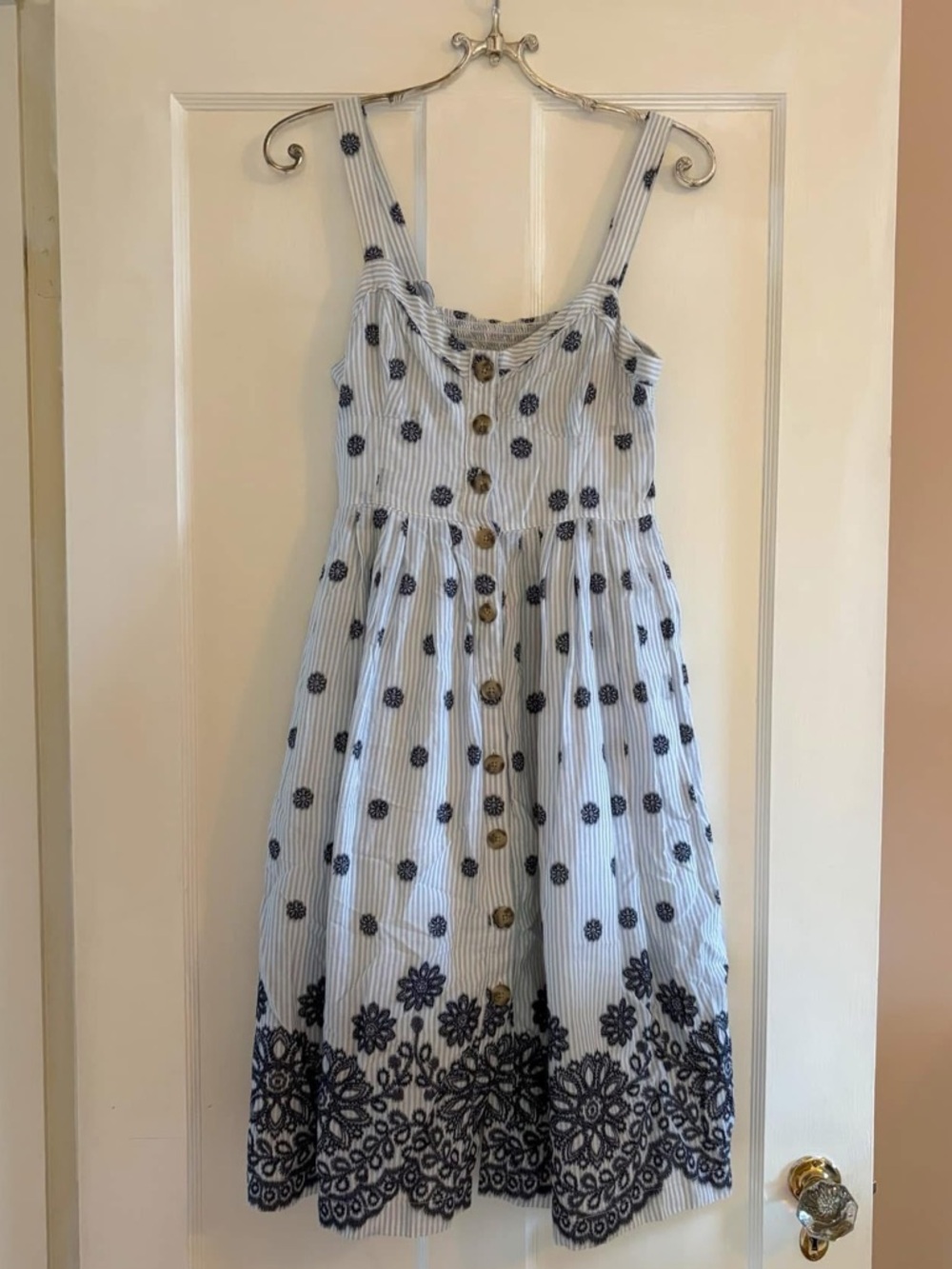 Maeve Anthropologie Striped Button Up Eyelet Dress Blue and White Stripes